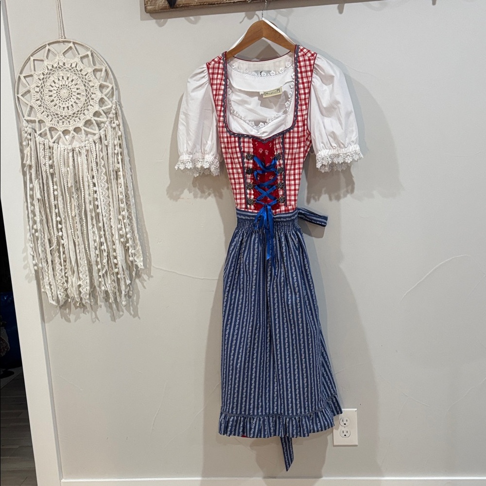 Classic Red Gingham & Blue Dirndl Dress with White Blouse
